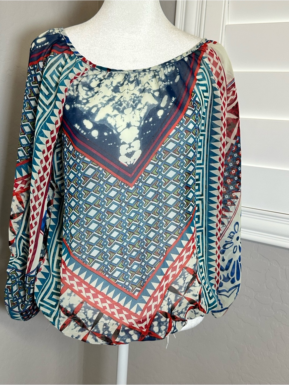 Bundle 4/$25 Printed Bohemian Peasant Blouse in Blue, Red & Cream